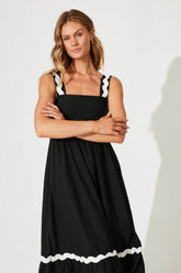 Black Midi Sundress with White Ric Rac Trim - Cotton